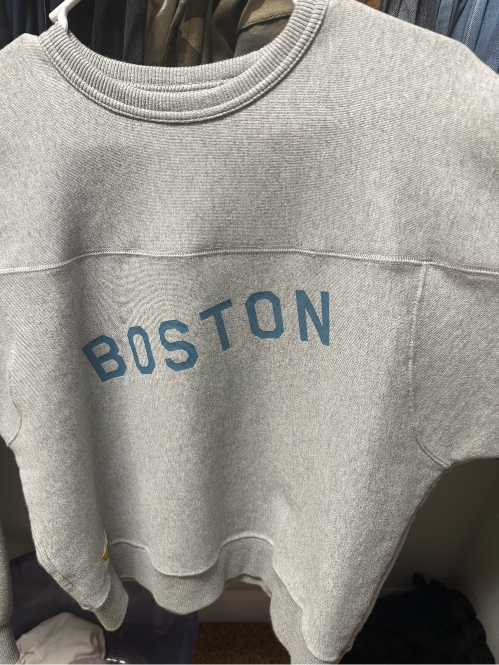 Tracksmith Gray Crewneck Sweatshirt with Blue Boston Print